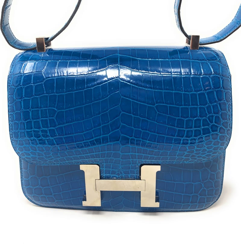 エルメス コンスタンス 24cm ブルーイズミール/シルバー金具 アリゲーターシャイン R 刻印 HERMES Constance ハンドバッグ  Blue Izmir