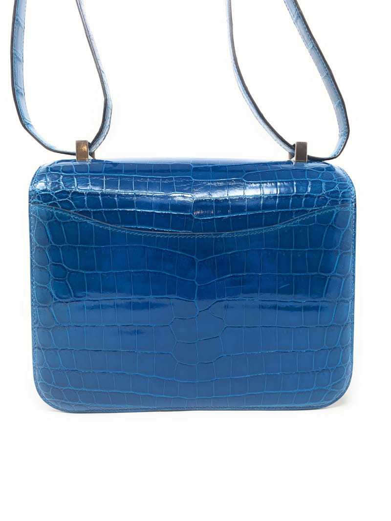 エルメス コンスタンス 24cm ブルーイズミール/シルバー金具 アリゲーターシャイン R 刻印 HERMES Constance ハンドバッグ  Blue Izmir