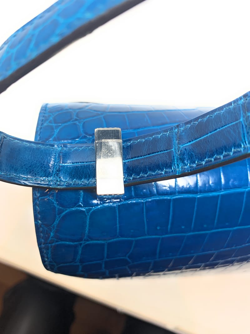エルメス コンスタンス 24cm ブルーイズミール/シルバー金具 アリゲーターシャイン R 刻印 HERMES Constance ハンドバッグ  Blue Izmir
