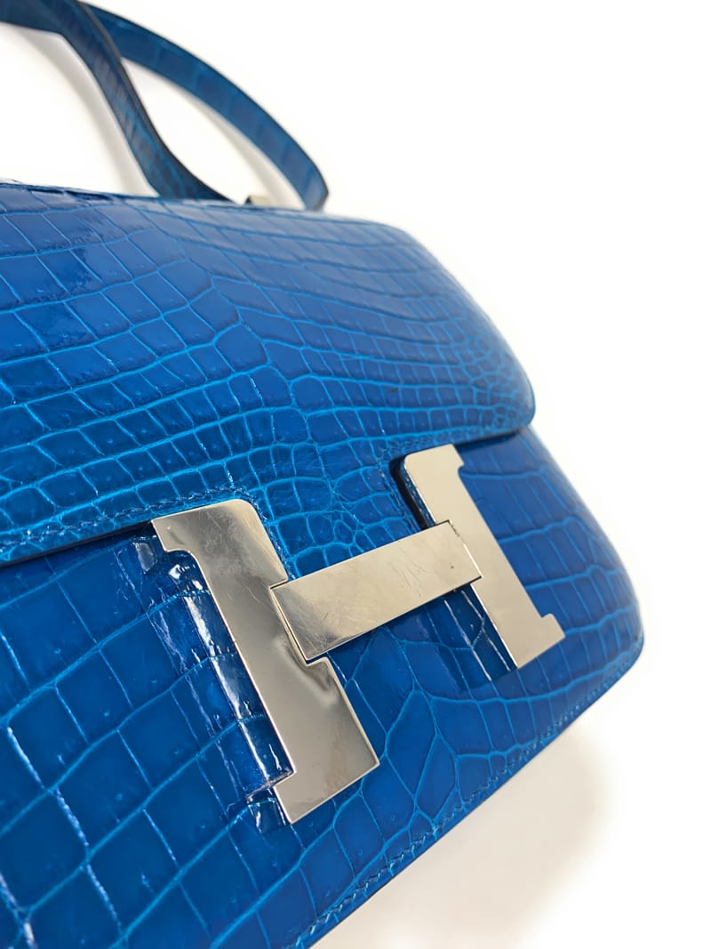 エルメス コンスタンス 24cm ブルーイズミール/シルバー金具 アリゲーターシャイン R 刻印 HERMES Constance ハンドバッグ  Blue Izmir