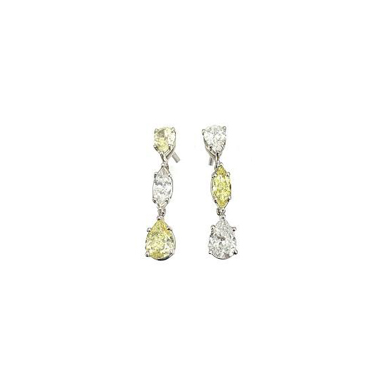 18K ホワイト ゴールドイエローペアー, マーキス ダイヤモンドドロップピアス