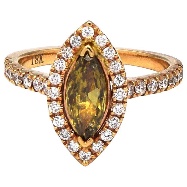 マーキスカット 1.01ct ファンシーイエローグリーンダイヤモンド 18Kローズゴールドリング