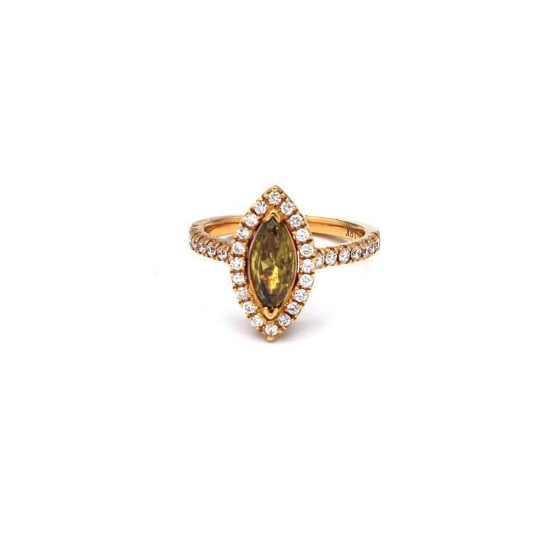 マーキスカット 1.01ct ファンシーイエローグリーンダイヤモンド 18Kローズゴールドリング