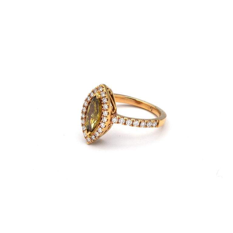 マーキスカット 1.01ct ファンシーイエローグリーンダイヤモンド 18Kローズゴールドリング