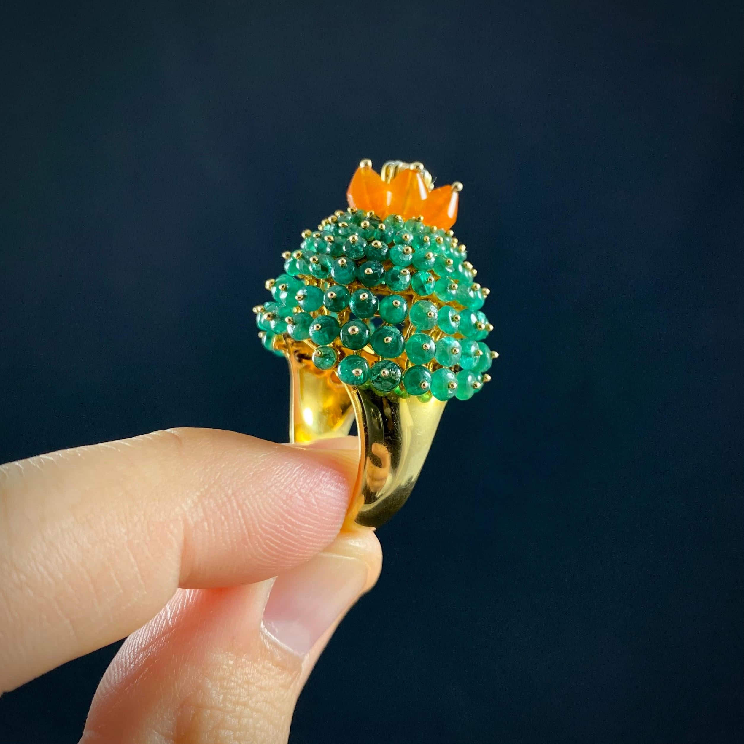 18Kヴィンテージ エメラルド ファイアオパール ダイヤモンド ボンベ カクタス カクテルリング