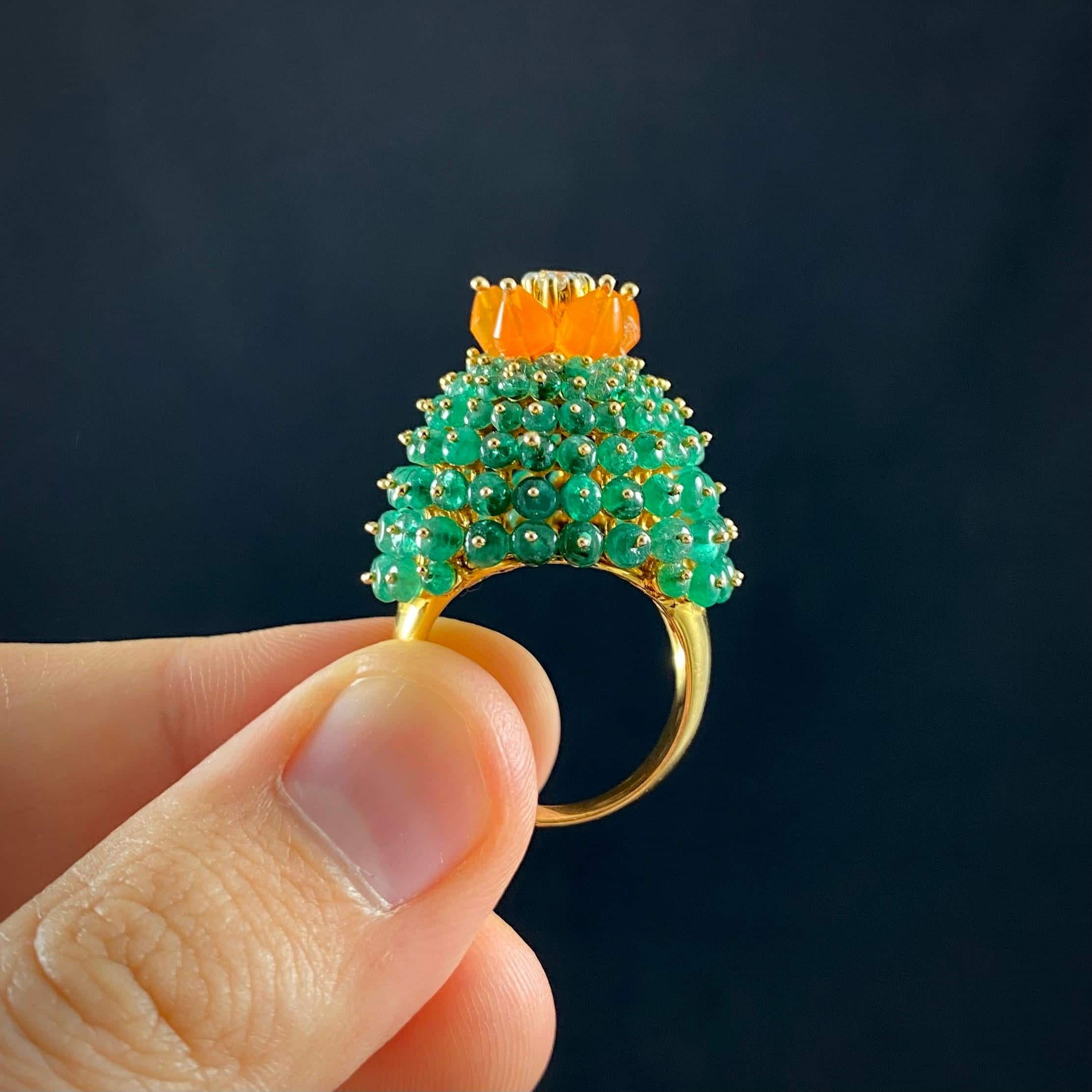 18Kヴィンテージ エメラルド ファイアオパール ダイヤモンド ボンベ カクタス カクテルリング