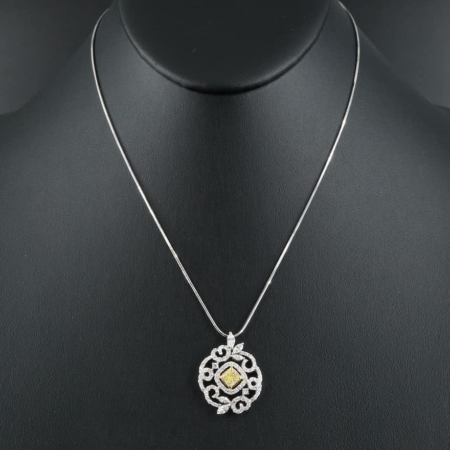 18K ファンシー イエロー クッション ダイヤモンド フラワー ミックス シェイプ ペンダント